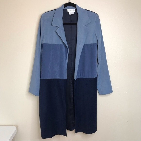 Vintage Pride and Joy Patchwork Faux Suede Duster Blue Jacket Women Size 10 - Picture 10 of 11